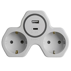 Разветвитель сетевой 2-местный с/з Stekker ADP16-15-20, 250V, 16A и USB+Type C на 2.4А, белый/серый 50071